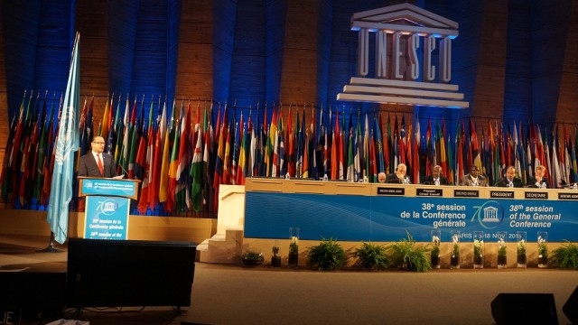 El Ministro de Cultura, José Antonio Rodríguez habla en la conferencia de la UNESCO.