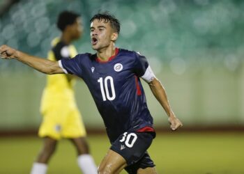 SANTO DOMINGO, REPUBLICA DOMINICANA. November 13th: Edison Azcona #10 of Dominican celebrates after scoring his goal during the match between Dominican Republic vs Saint Lucia as part of the Under-20 Men's Qualifying, held at the Olimpico Felix Sanchez stadium, in Santo Domingo, Republica Dominicana.
(PHOTO BY NELSON PULIDO/CONCACAF/ STRAFFON IMAGES/MANDATORY CREDIT/EDITORIAL USER/NOT FOR SALE/NOT ARCHIVE)