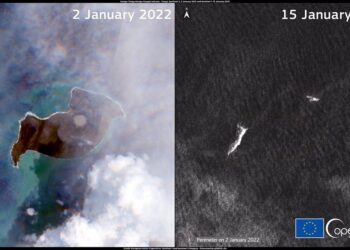 17-01-2022 Imagen satelital de la isla del volcán Hunga Tonga antes y después del 15 de enero.

La isla del volcán Hunga Tonga-Hunga Ha?apai, que registró una erupción violenta el 15 de enero, con un gigantesco hongo de vapor, gas y ceniza, ha desaparecido en su práctica totalidad.

POLITICA INVESTIGACIÓN Y TECNOLOGÍA
DG DEFIS/COPERNICUS/SENTINEL