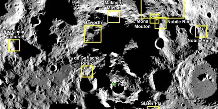 Esta imagen muestra nueve regiones de aterrizaje candidatas para la misión Artemis III de la NASA, y cada región contiene múltiples sitios potenciales para el primer aterrizaje tripulado en la Luna en más de 50 años. - NASA