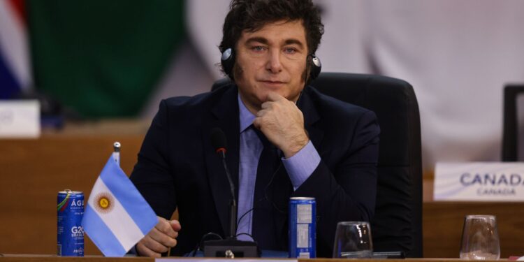 RIO DE JANEIRO, BRAZIL - NOVEMBER 18: Javier Milei president of Argentina participates in a working session as part of the G20 Summit 2024 at Museu de Arte Moderna on November 18, 2024 in Rio de Janeiro, Brazil. The 2024 G20 Summit takes place in Brazil for the first time. The event gathers leaders of the most important economies. Starvation, sustainable development or social inclusion are some of the issues to be during the summit. (Photo by Wagner Meier/Getty Images)